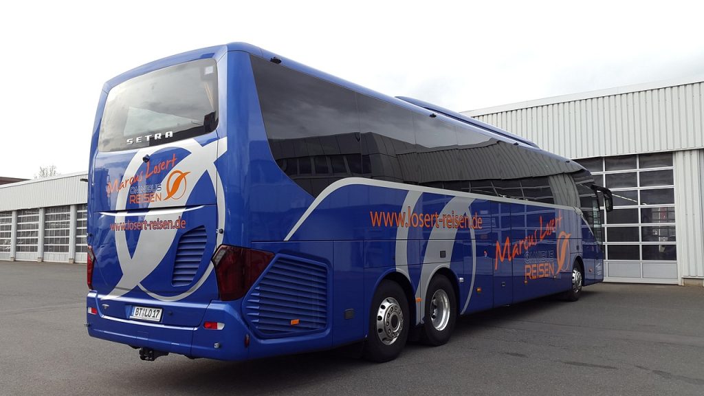 bus, blue, nature, heaven, clouds, travel, to stand, vehicle, vacations, setra, advertising, foil, bus driver, to travel, coach, school bus, workshop, customer service, bus trip, luxury