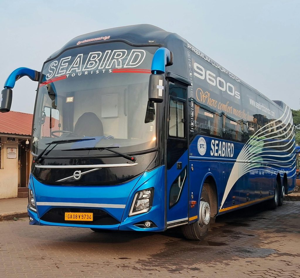 Elegant blue Seabird luxury bus provides premium travel experience with comfort and style.